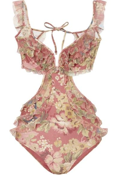 Shop Zimmermann Melody Off-the-shoulder Ruffled Floral-print Swimsuit In Burgundy