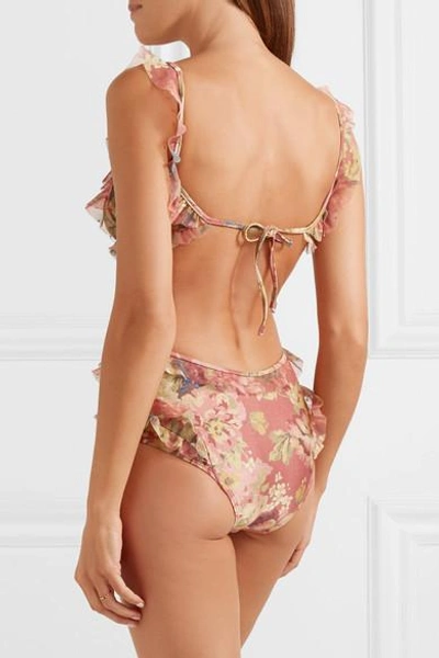 Shop Zimmermann Melody Off-the-shoulder Ruffled Floral-print Swimsuit In Burgundy
