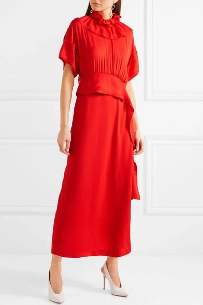 Shop Victoria Beckham Ruffled Silk Crepe De Chine Midi Dress In Red