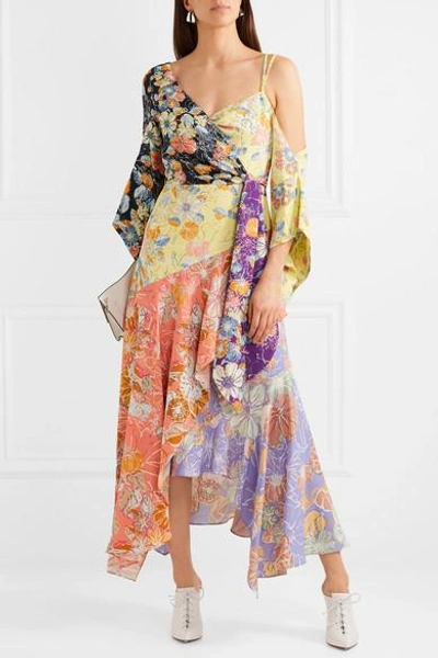 Shop Peter Pilotto Cold-shoulder Wrap-effect Patchwork Printed Crepe Dress In Pastel Yellow