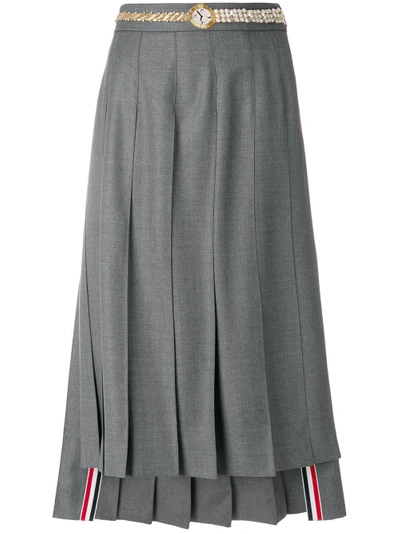 Shop Thom Browne Below Knee Dropped Back Pleated Skirt With Belt Applique In Super 120's Twill In Grey