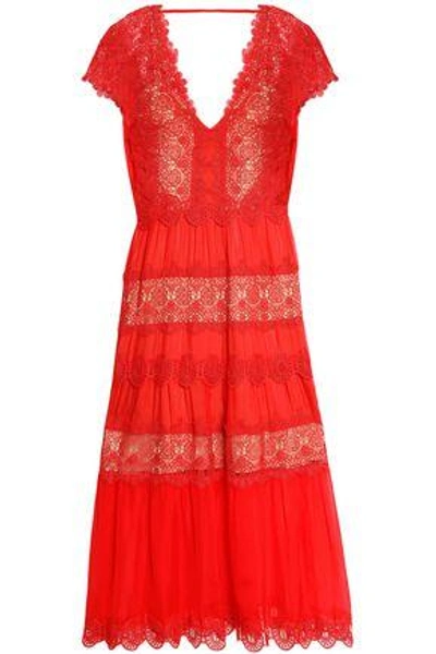 Shop Catherine Deane Woman Guipure Lace-paneled Silk-chiffon Midi Dress Red