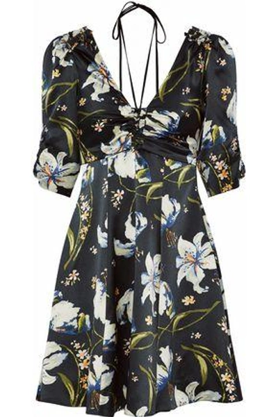 Shop Cinq À Sept Woman Anders Ruched Floral-print Silk-satin Mini Dress Black