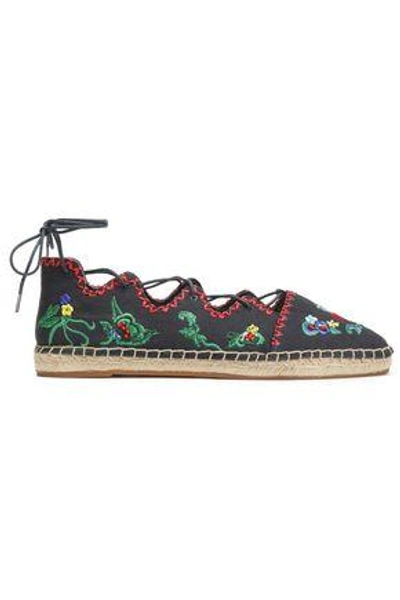 Shop Tory Burch Woman Gillie Lace-up Embellished Canvas Espadrilles Navy
