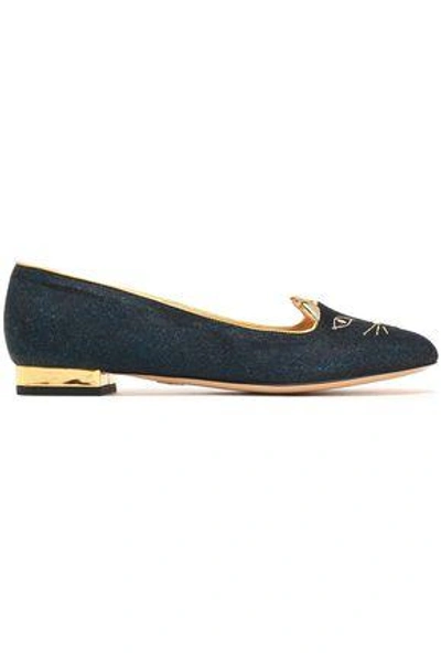 Shop Charlotte Olympia Woman Kitty Embroidered Suede Ballet Flats Storm Blue