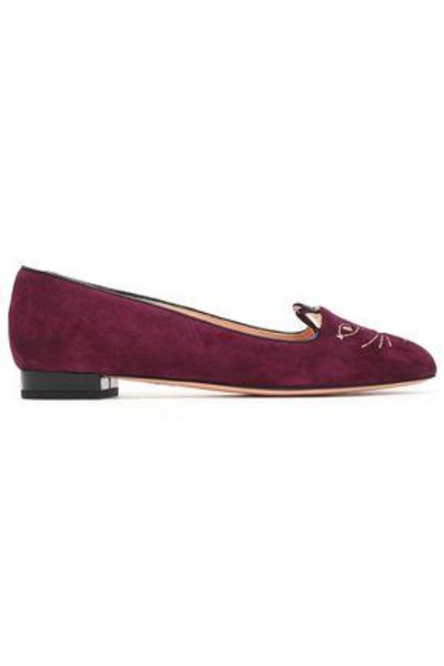 Shop Charlotte Olympia Woman Metallic Embroidered Suede Ballet Flats Plum
