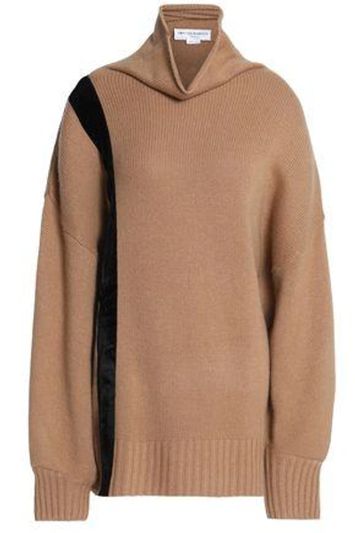 Shop Amanda Wakeley Woman Helene Velvet-trimmed Cashmere Turtleneck Sweater Sand