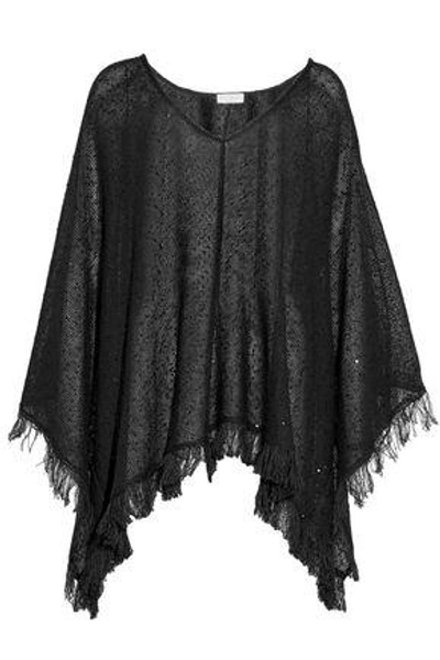 Shop Brunello Cucinelli Woman Fringe-trimmed Sequined Linen And Silk-blend Poncho Charcoal