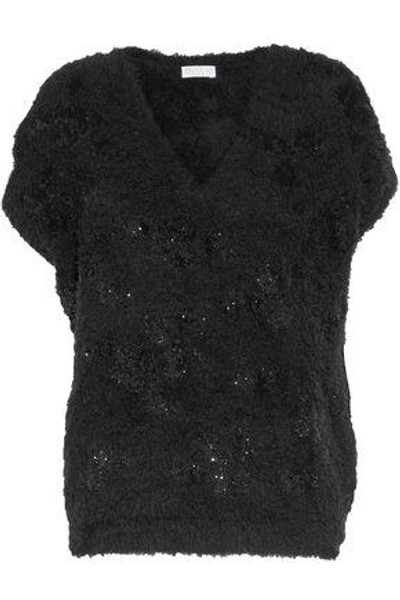 Shop Brunello Cucinelli Frayed Sequined Cotton-blend Sweater In Black