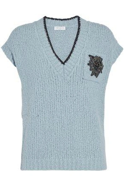 Shop Brunello Cucinelli Woman Appliquéd Wool-blend Sweater Sky Blue