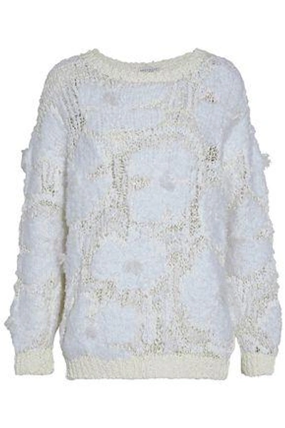 Shop Brunello Cucinelli Woman Frayed Coated Open-knit Sweater White