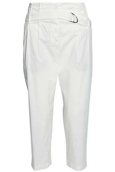 Shop Brunello Cucinelli Woman Pleated Stretch-cotton Tapered Pants Ivory