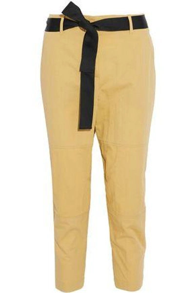 Shop Brunello Cucinelli Woman Belted Cropped Cotton-blend Twill Tapered Pants Pastel Yellow