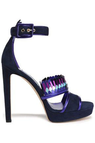 Shop Jimmy Choo Kathleen Metallic-trimmed Suede Platform Sandals In Indigo