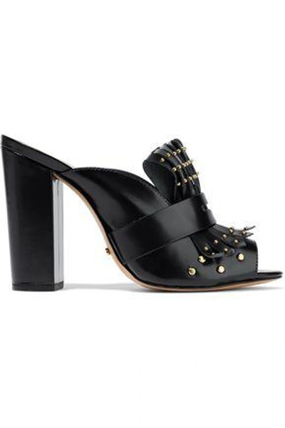Shop Schutz Woman Janny Fringed Studded Glossed-leather Mules Black
