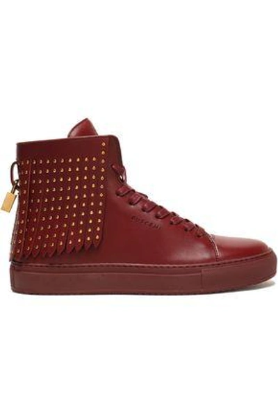 Shop Buscemi Woman Studded Fringed Leather High-top Sneakers Burgundy