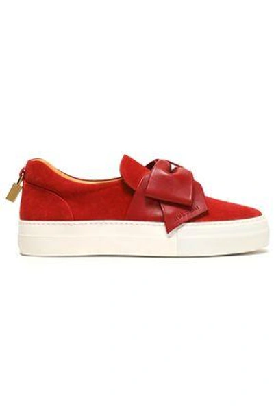 Shop Buscemi Woman Leather Bow-embellished Suede Slip-on Sneakers Crimson