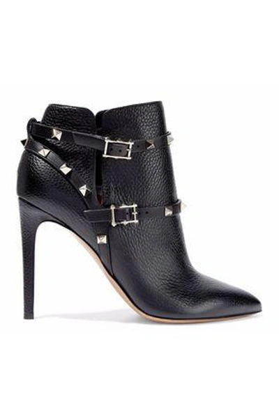 Shop Valentino Woman Rockstud Pebbled-leather Ankle Boots Black