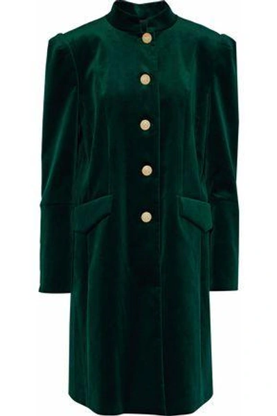Shop Pierre Balmain Button-detailed Cotton-blend Velvet Coat In Dark Green