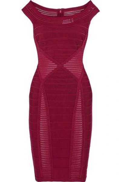 Shop Herve Leger Woman Crochet Knit-paneled Bandage Dress Crimson