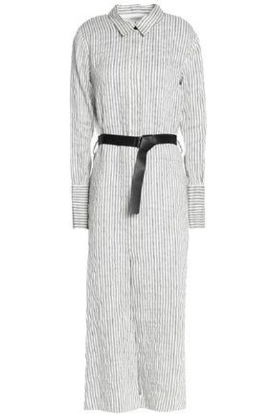Shop Halston Heritage Woman Belted Striped Linen-blend Seersucker Midi Shirt Dress Off-white