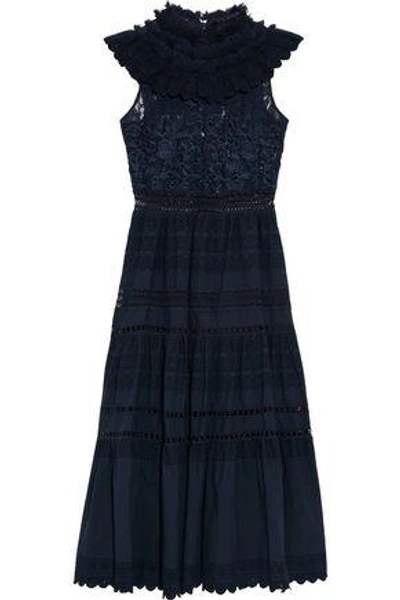 Shop Sea Woman Ruffled Lace-paneled Broderie Anglaise Cotton Midi Dress Navy