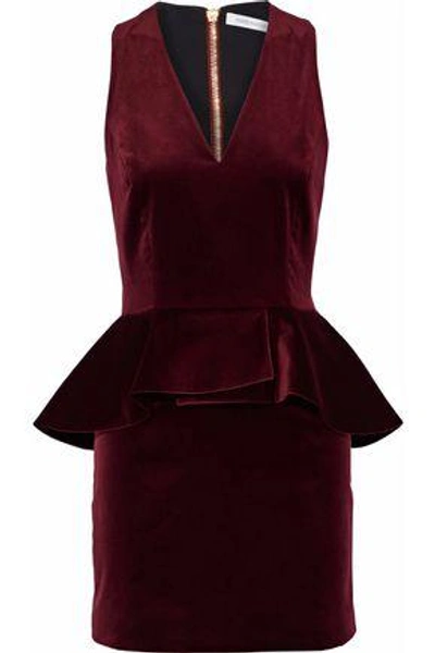 Shop Pierre Balmain Woman Cotton-blend Velvet Peplum Mini Dress Burgundy