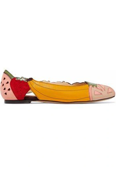 Shop Charlotte Olympia Woman Embroidered Laser-cut Leather And Suede Ballet Flats Multicolor
