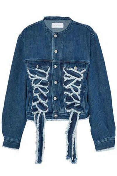 Shop Iro Woman Lace-up Frayed Denim Jacket Mid Denim