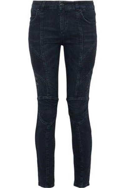 Shop Pierre Balmain Moto-style Distressed Low-rise Skinny Jeans In Dark Denim