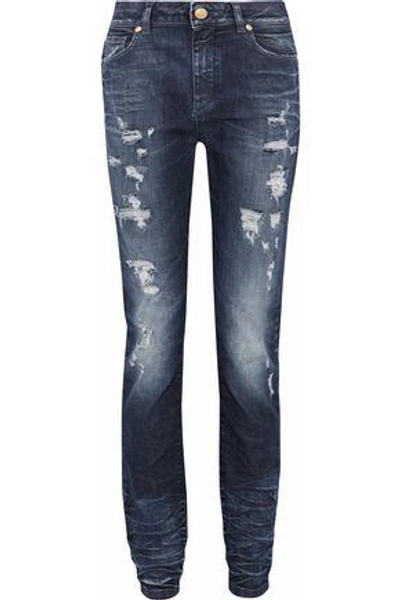 Shop Pierre Balmain Distressed Mid-rise Slim-leg Jeans In Mid Denim