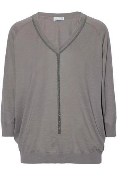 Shop Brunello Cucinelli Woman Bead-embellished Cotton Sweater Stone