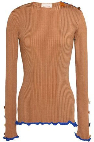Shop Roksanda Woman Ruffle-trimmed Button-detailed Ribbed-knit Top Camel