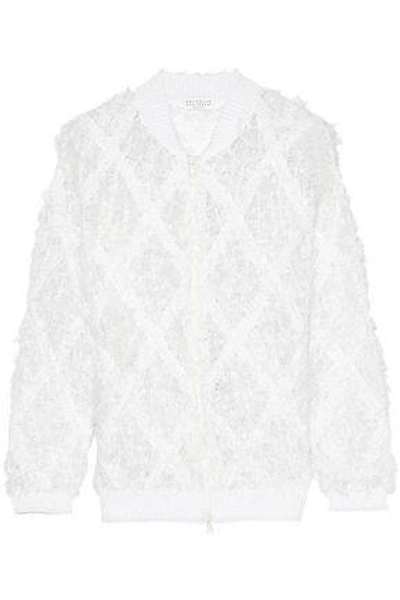 Shop Brunello Cucinelli Frayed Open-knit Linen And Silk-blend Bouclé Jacket In White