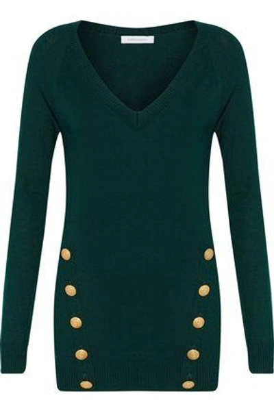 Shop Pierre Balmain Woman Button-detailed Ribbed-knit Sweater Dark Green