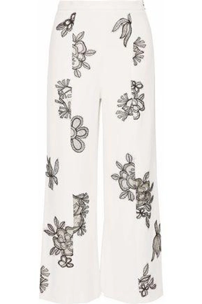 Shop Roland Mouret Floral-appliquéd Cady Wide-leg Pants In White