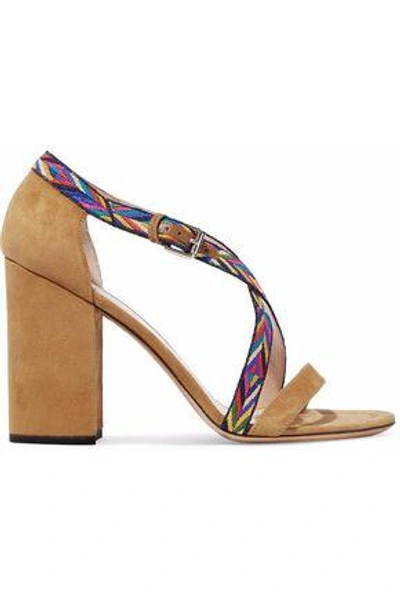 Shop Valentino Woven-trimmed Suede Sandals In Camel