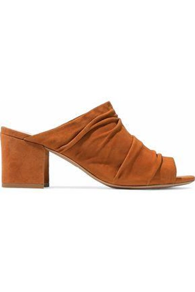 Shop Alexandre Birman Ruched Suede Mules In Camel