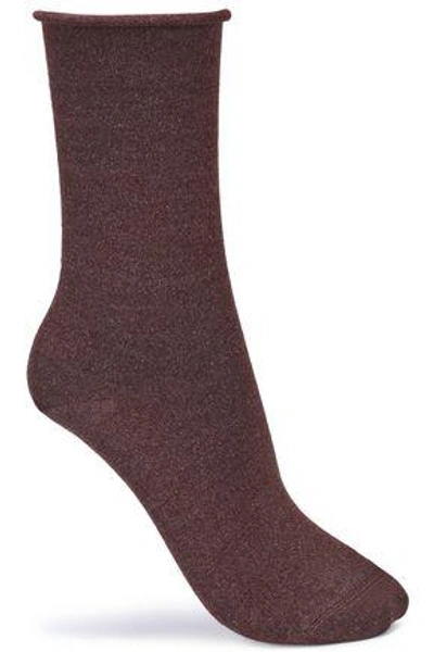 Shop Brunello Cucinelli Woman Metallic Cashmere-blend Socks Burgundy