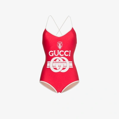 Shop Gucci Interlocking Logo Print Swimsuit In Red
