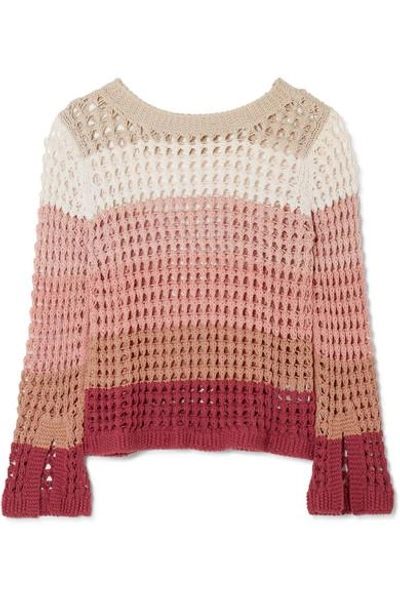 Shop See By Chloé Striped Crocheted Cotton-blend Sweater In Beige