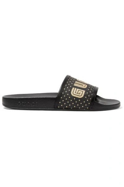 Shop Gucci Leather-trimmed  Logo-print Canvas Slides