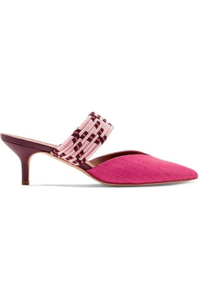 Shop Malone Souliers Maisie Cord-trimmed Raffia And Leather Mules In Pink