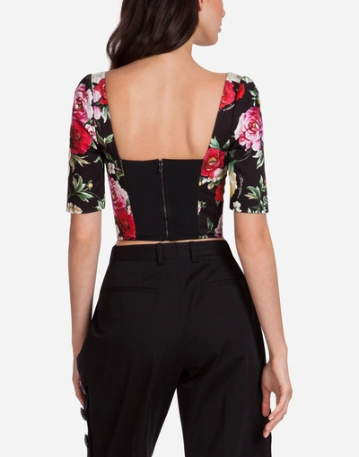 Shop Dolce & Gabbana Bustier In Printed Cotton Drill In Black