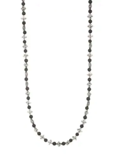 Shop King Baby Studio Cross & Onyx Beaded Necklace In Silver Black