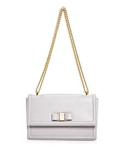 Shop Ferragamo Medium Ginny Calfskin Shoulder Bag In Pale Gray/gold