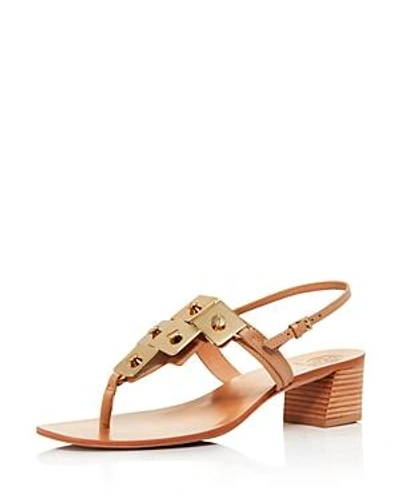 Shop Tory Burch Women's Thompson Embellished Leather Block Heel Sandals In Natural Vacchetta