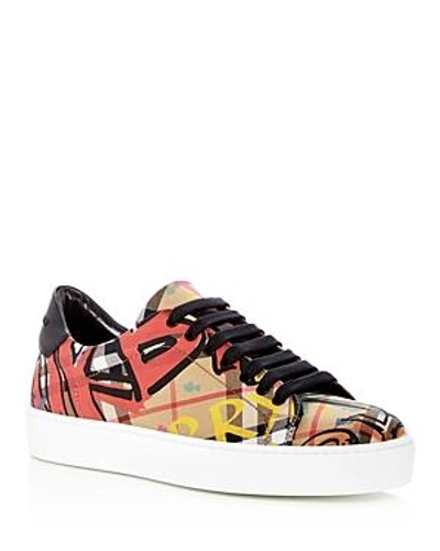 Shop Burberry Women's Westford Graffiti Logo Print Vintage Check Lace Up Sneakers In Antique Yellow Check