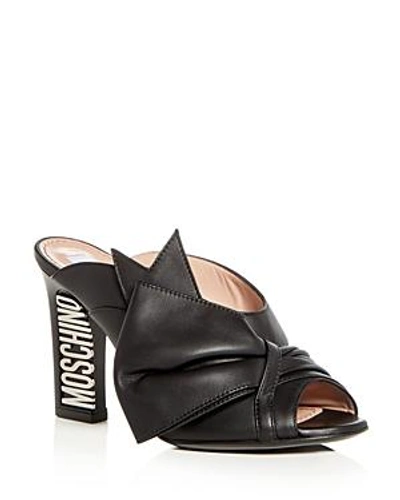 Shop Moschino Women's Leather Bow High Block Heel Slide Sandals In Black