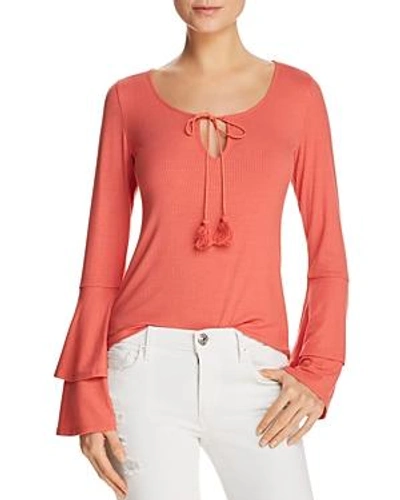 Shop Band Of Gypsies Ribbed Bell-sleeve Top In Coral
